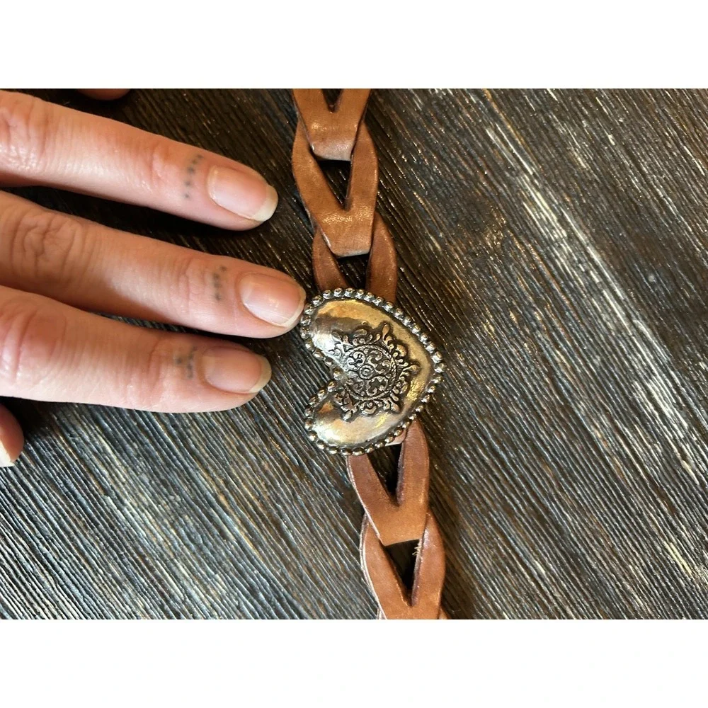 Vintage 90s Braided Leather Hip Waist Belt M Distressed‎ Heart Western Cowgirl